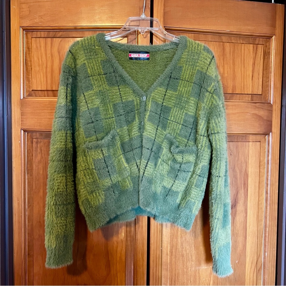 Gag Shop Fuzzy Green Plaid Cardigan Button-Up Sweater